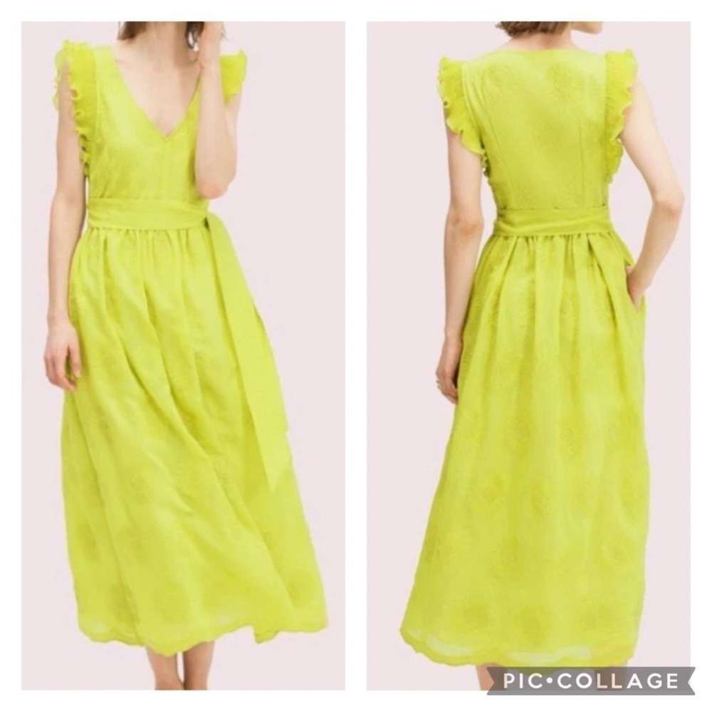 Kate Spade Bloom Organza‎ Midi Dress Green sz 2 V neck Easter Spring Preppy
